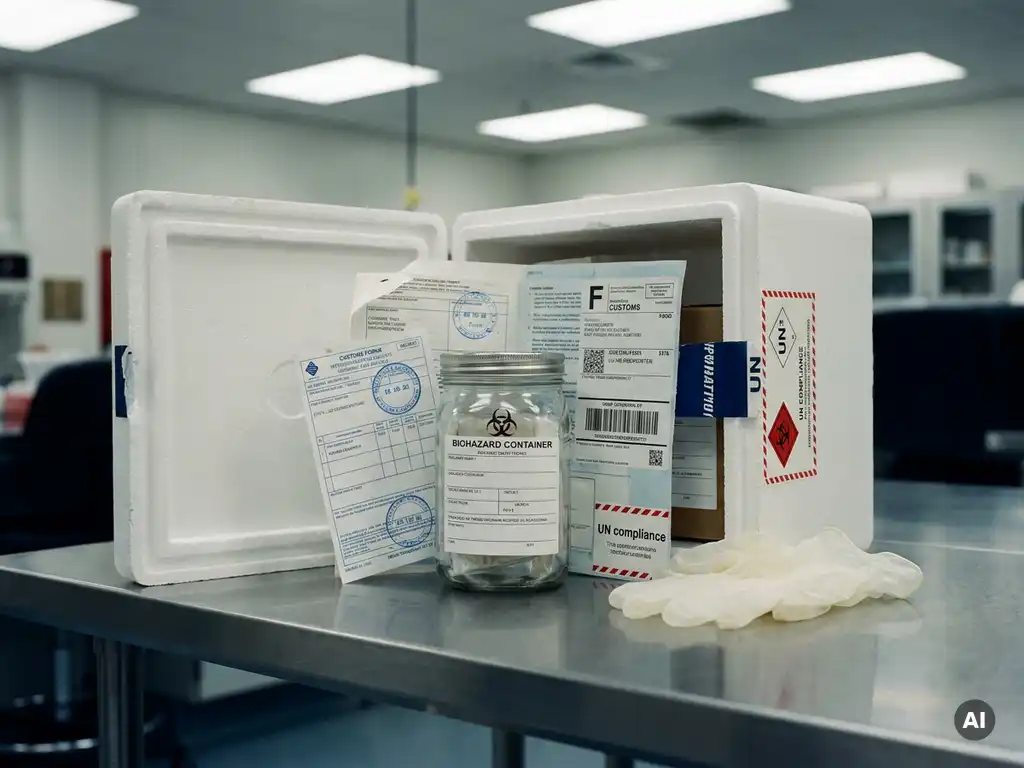 Versiegelter Bioproben-Behälter in isolierter Versandbox mit Zolldokumenten, UN-Etiketten und sterilen Handschuhen auf Stahloberfläche.