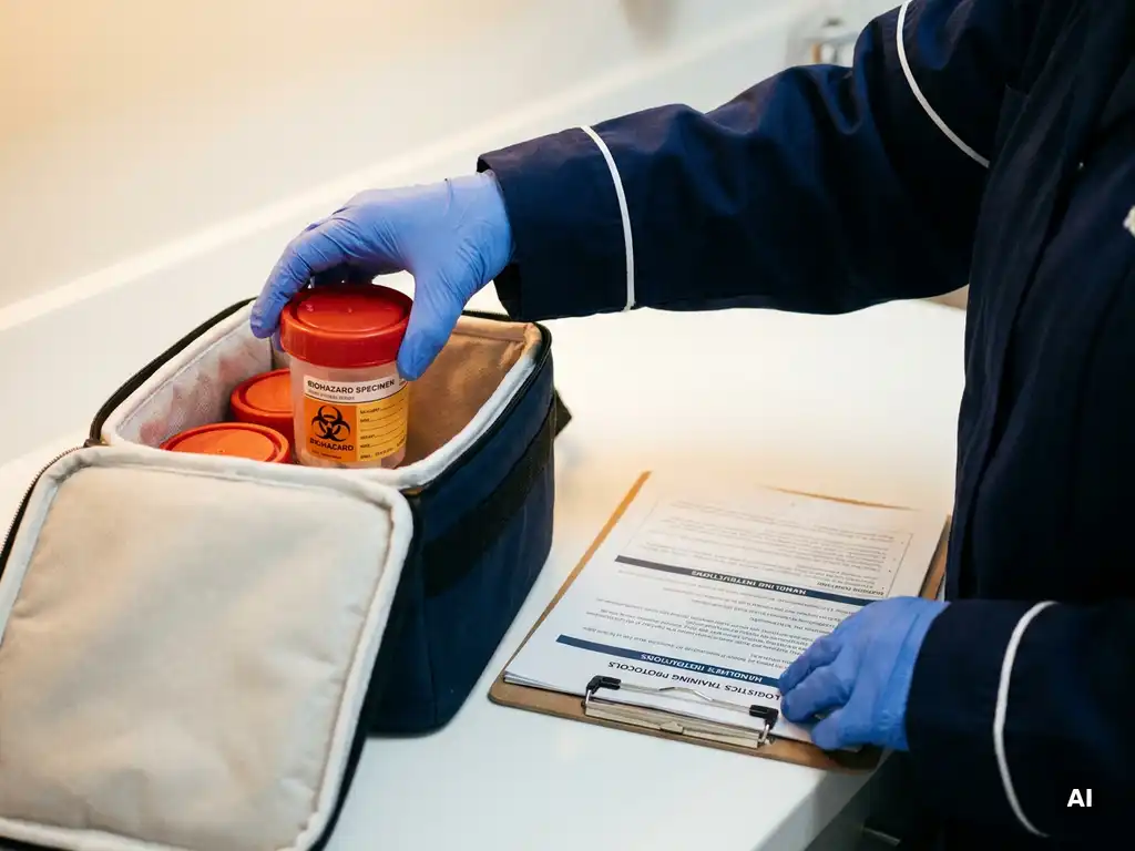Medizinischer Kurier in Handschuhen sichert Biohazard-Probenbehälter in Kühlkoffer, Schulungsunterlagen auf klinischer Oberfläche daneben.