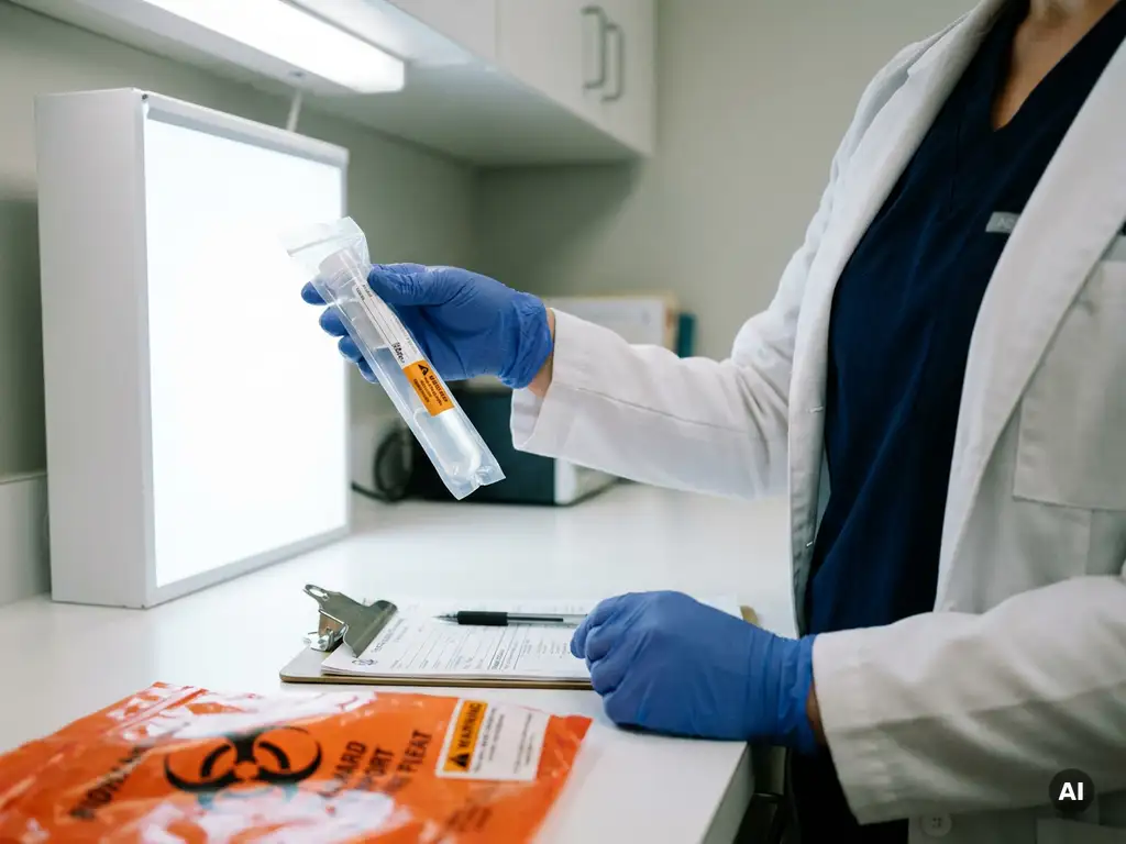 Labortechniker in blauen Handschuhen prüft versiegeltes Probenröhrchen vor Leuchtkasten, Klemmbrett und Biogefahr-Transportbeutel im Hintergrund.