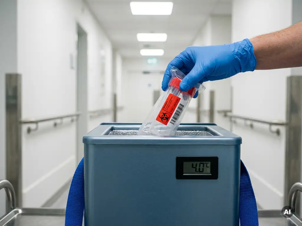 Versiegelter medizinischer Probenbehälter wird in eine temperaturgeregelte Transportbox gelegt, Krankenhausflur im Hintergrund.
