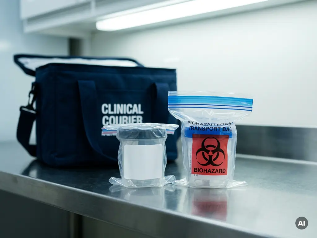 Zwei versiegelte medizinische Probenbehälter auf Edelstahloberfläche neben geöffneter Kuriertasche, einer mit Biohazard-Verpackung.