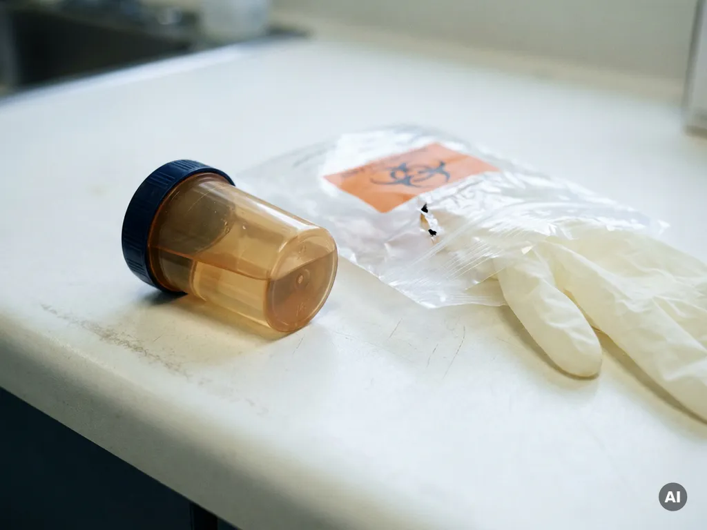 Umgekippter medizinischer Probenbehälter neben einem gerissenen Biohazard-Transportbeutel und einem Latexhandschuh auf weißer Fläche.