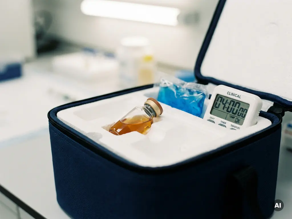 Medizinisches Serumfläschchen in isolierter Transportbox mit Schaumstoff, Kühlelement und Timer für temperaturkritischen Transport.