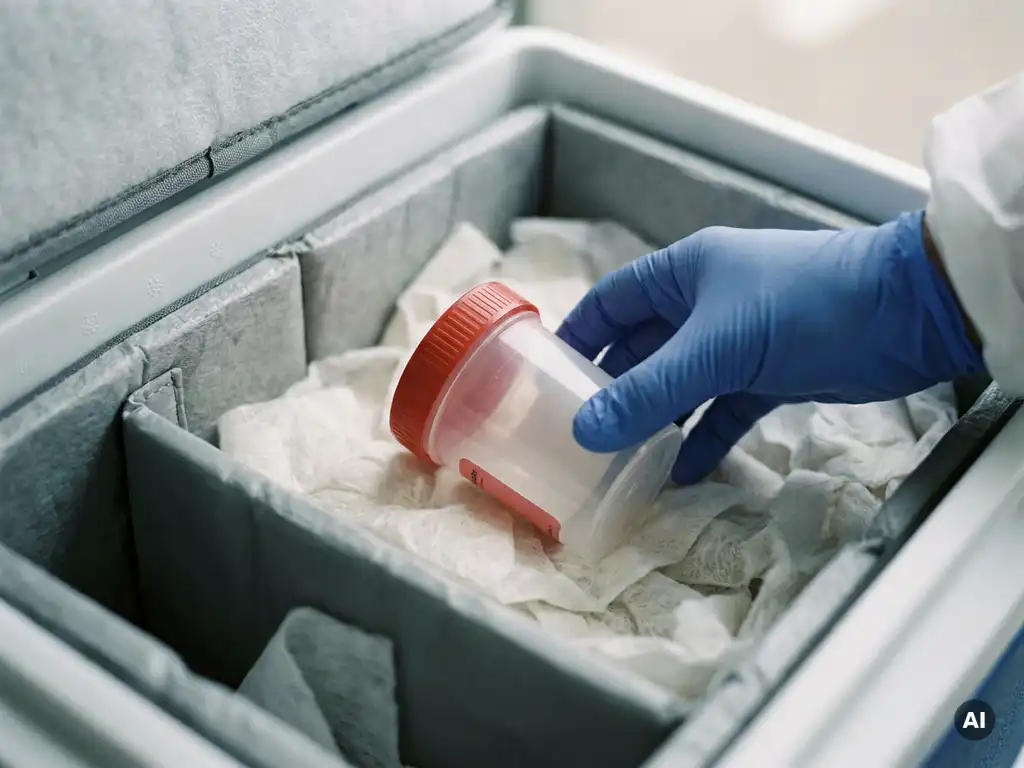 Umgekippter medizinischer Probenbehälter in Transportkühlbox, behandschuhte Hand prüft absorbierendes Verpackungsmaterial.
