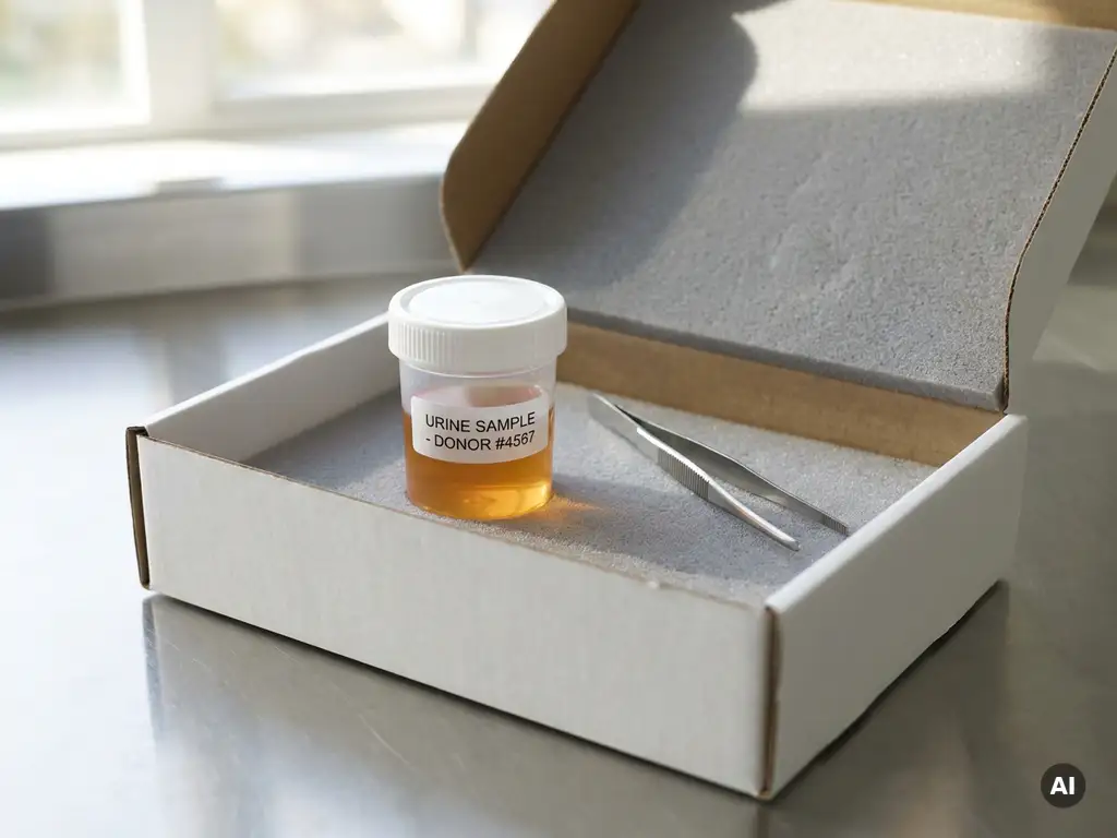 Beschrifteter Urinprobenbecher in gepolsterter weißer medizinischer Versandbox mit klinischer Pinzette auf Laborfläche.