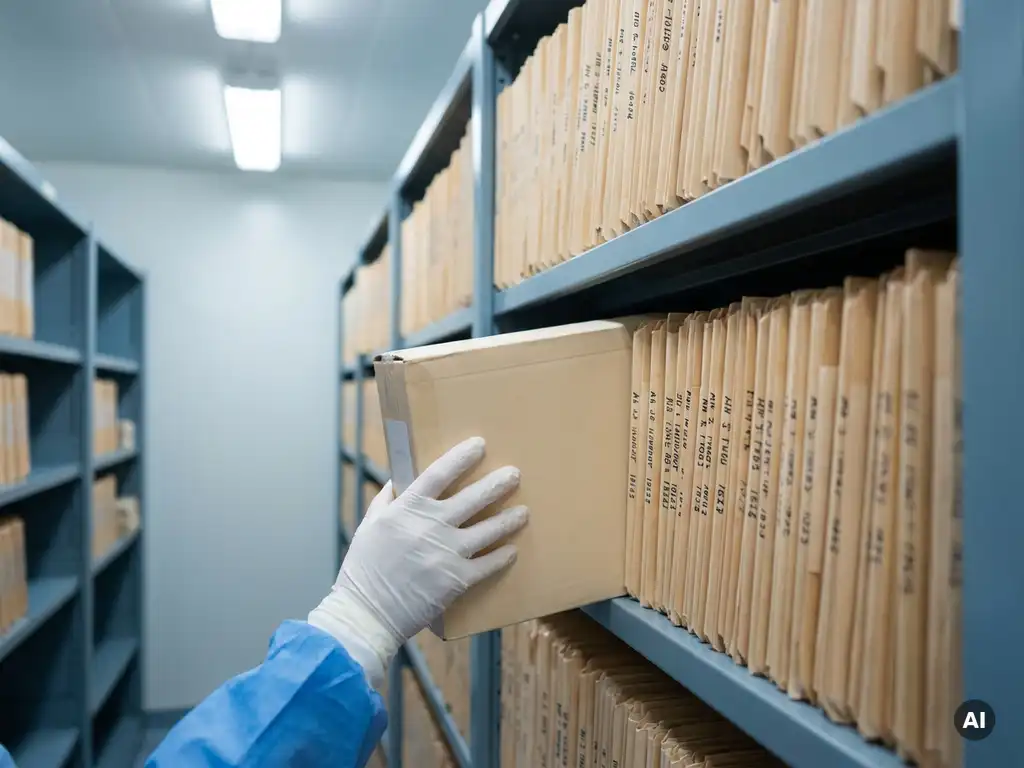 Versiegelter Archivkarton wird in klimatisiertes Regal eingeordnet, beschriftete Patientenakten im Hintergrund, weiß behandschuhte Hand.