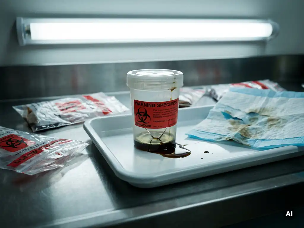 Gebrochener Biogefahr-Probenbehälter leckt auf steriles Medizintablett, umgeben von unversiegelten Probenbeuteln im Labor.