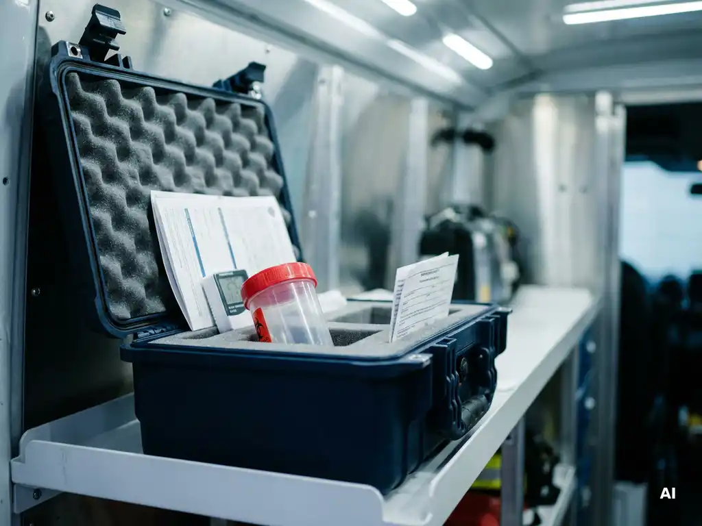 Versiegelter Biogefährdungsbehälter in gepolstertem Medizintransportkoffer mit Temperatursensor und Compliance-Dokumenten im Logistikfahrzeug.