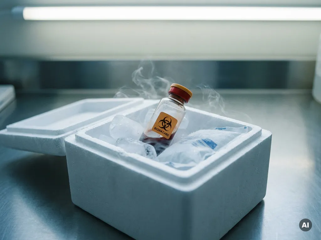 Blutprobe-Fläschchen kippt in halbgeöffneter Kühlbox mit sublimierendem Trockeneis auf Labortisch.