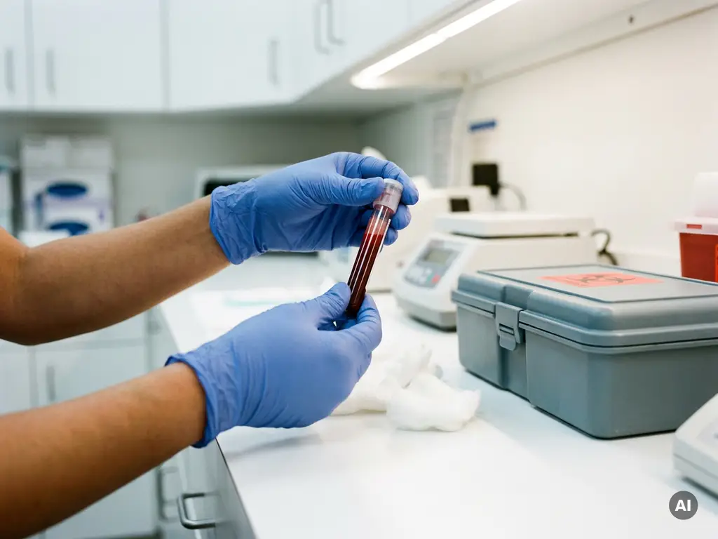Behandschuhte Hände halten ein versiegeltes Blutprobenröhrchen über steriler Unterlage neben einem Biogefährdungsbehälter im Labor.