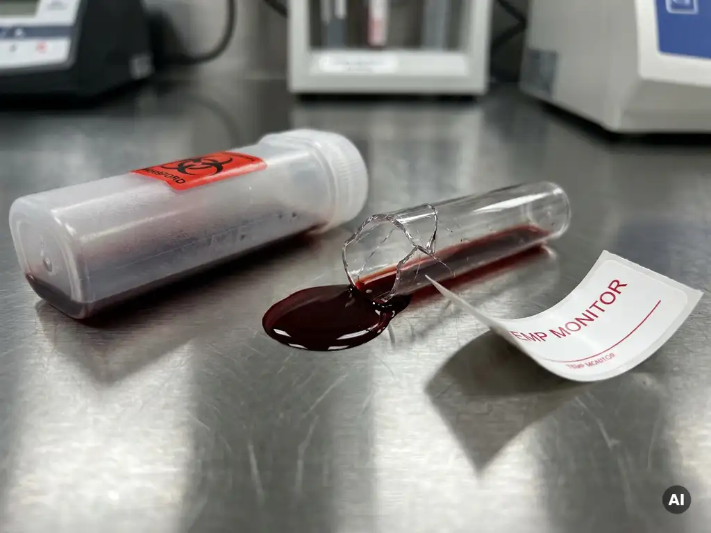 Gebrochenes medizinisches Probenröhrchen auf Edelstahloberfläche mit auslaufender biologischer Probe neben versiegeltem Transportbehälter.