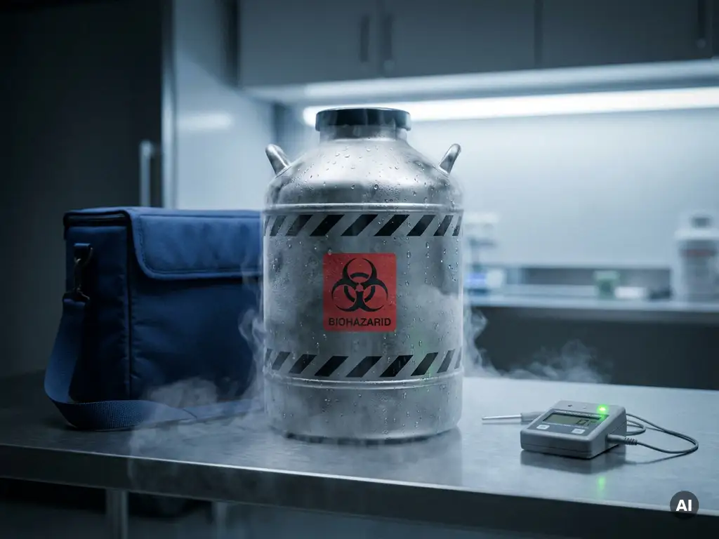 Versiegelter Kryobehälter mit Biogefährdungsmarkierung auf Edelstahloberfläche, umgeben von Trockeneis-Dampfschwaden und Temperaturdatenlogger.