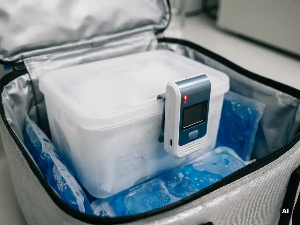 Temperatur-Datenlogger an versiegelter Medizinprobenbox, in isolierter Kühltasche mit Kühlakkus für sicheren Probentransport.