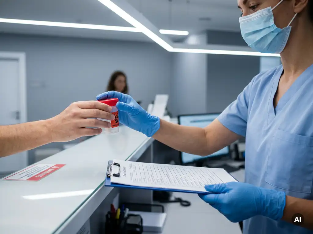 Labortechniker mit blauen Handschuhen nimmt versiegelten Probencontainer an klinischer Rezeption entgegen und prüft ihn anhand einer Checkliste.