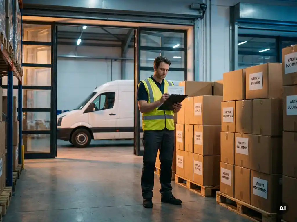 Logistikmitarbeiter prüft Fulfillment-Checkliste neben sortierten Medizin- und Dokumentenkartons im Lager, Lieferwagen im Hintergrund.
