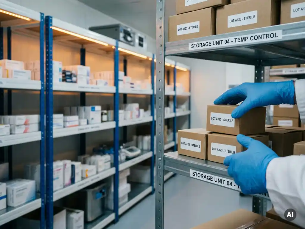 Behandschuhter Techniker platziert sterile Medizinprodukte in klimatisiertem Pharmalager mit organisierten Regalreihen.