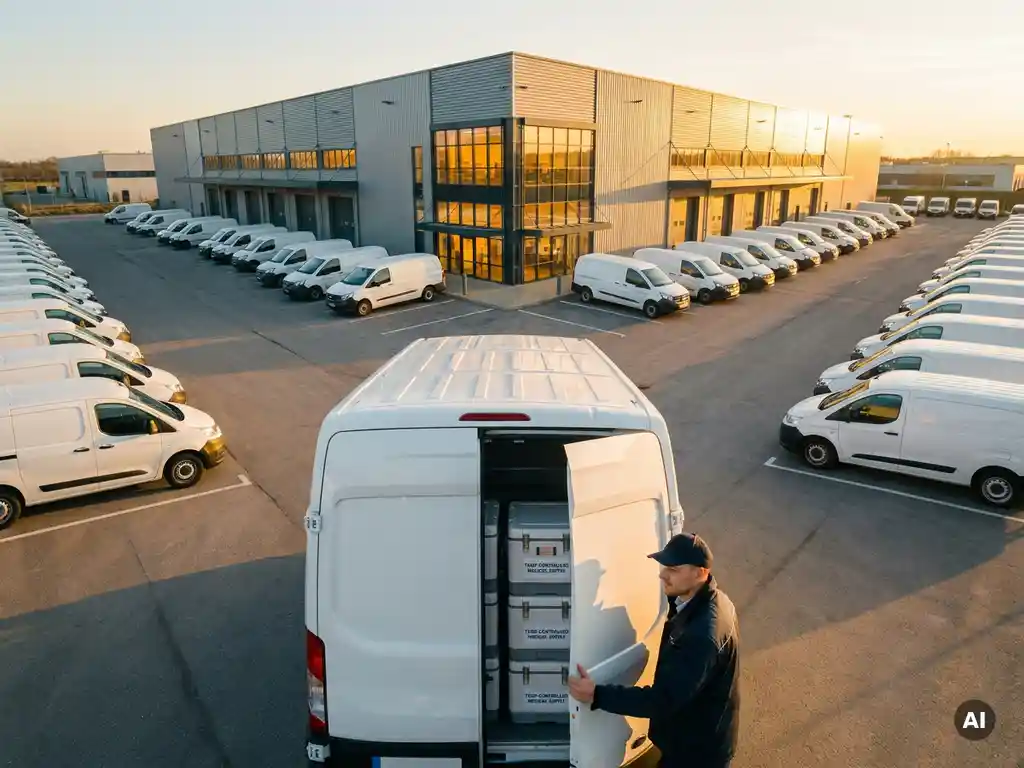 Lieferfahrer in Uniform schließt Kühlboxen-beladenen weißen Transporter im Logistikzentrum bei goldenem Abendlicht.