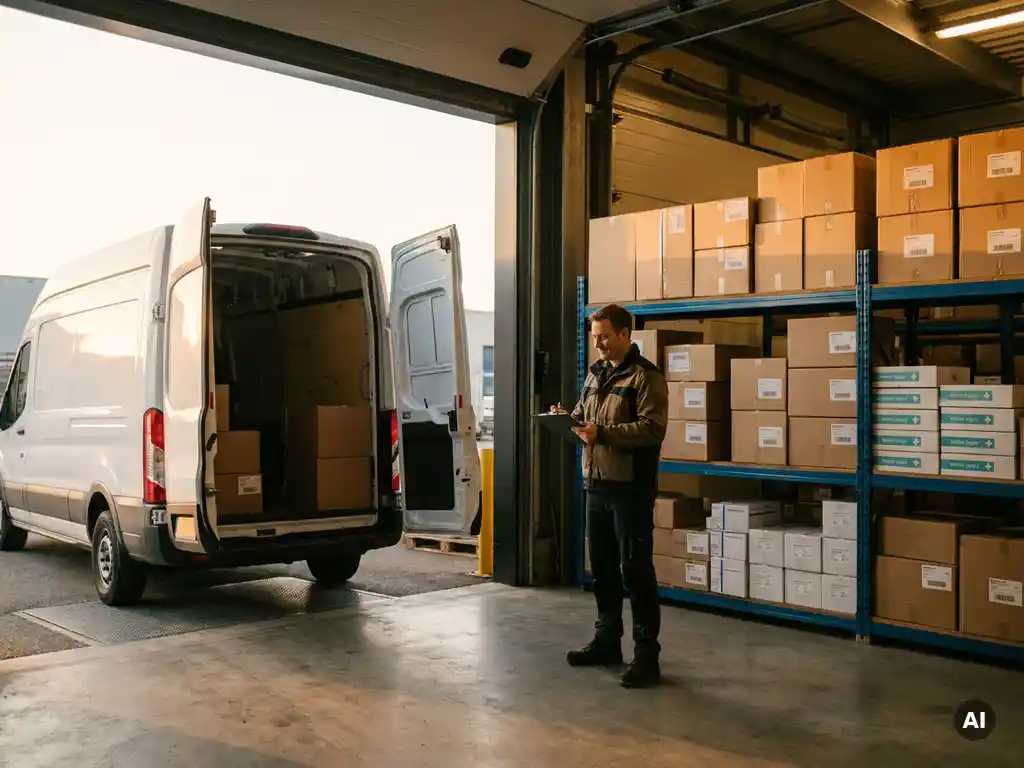 Logistikmanager prüft Klemmbrett an Laderampe eines Lagerhauses mit sortierten Paketen und Medizinprodukten im Regal, Lieferwagen im Hintergrund.