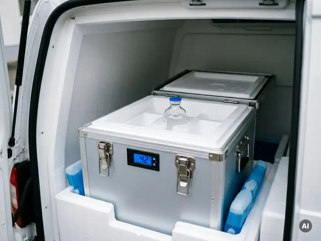 Versiegelter medizinischer Kühltransportbehälter mit Thermometer und Medikamentenampulle in weißem Lieferwagen.