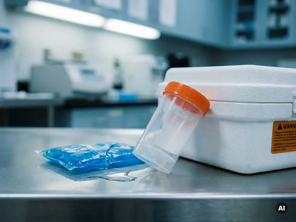 Medizinischer Probenbehälter auf weißer Transportkühltasche, daneben auslaufendes Kühlpad auf Edelstahloberfläche mit Kondensation.