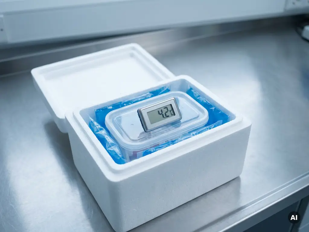 Versiegelter Medizinbehälter mit digitalem Temperaturdatenlogger in isolierter Transportkühltasche mit Kühlakkus auf Edelstahloberfläche.