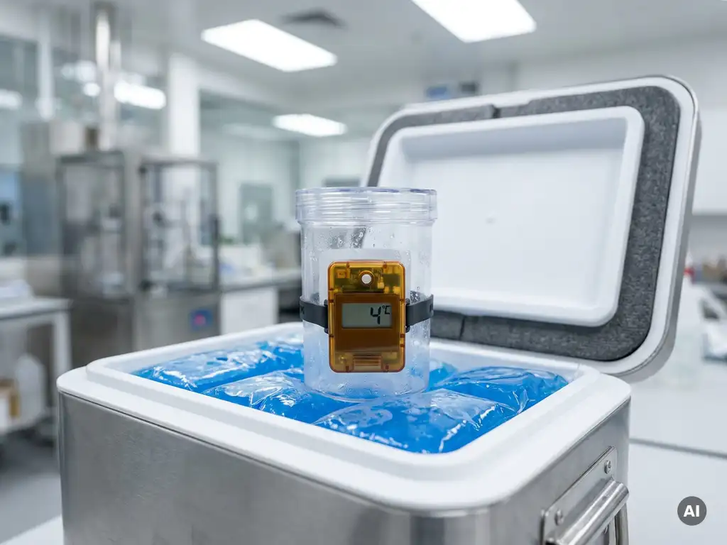 Versiegelter medizinischer Probenbehälter mit Temperaturdatenlogger in geöffneter Isoliertransportbox mit Kühlakkus.