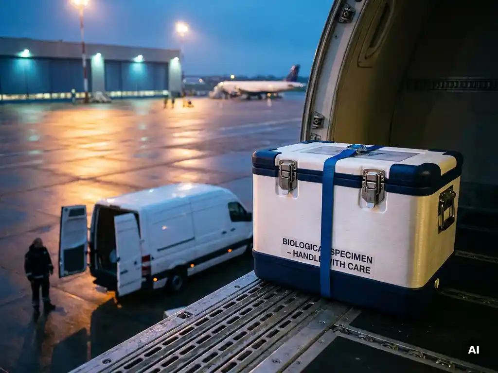 Medizinischer Probenbehälter in Isolierbox an geöffneter Frachtluke eines Jets, Logistikfahrzeug auf dem Rollfeld im Hintergrund.