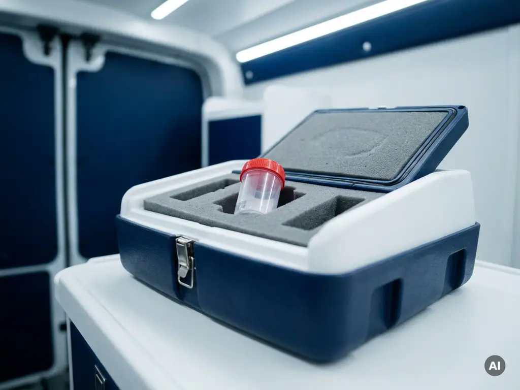 Versiegelter medizinischer Probenbehälter in isolierter Transportbox mit Schaumstoffpolsterung im Kurierwagen.