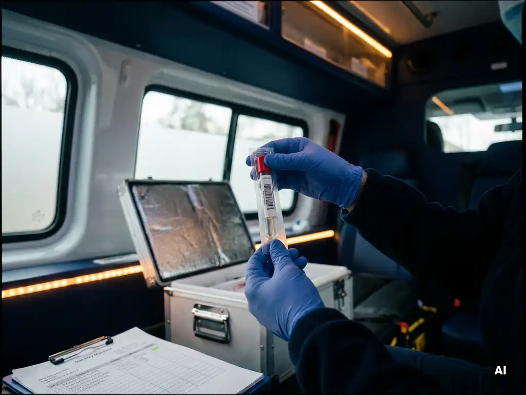 Behandschuhte Hände halten eine beschriftete medizinische Probe im Kurierwagen mit Transportbox und Lieferschein im Hintergrund.