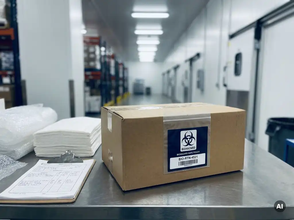 Versiegelte medizinische Rücksendekartonage mit Biohazard-Etikett auf Edelstahltheke, Klemmbrett und sterile Verpackung daneben.