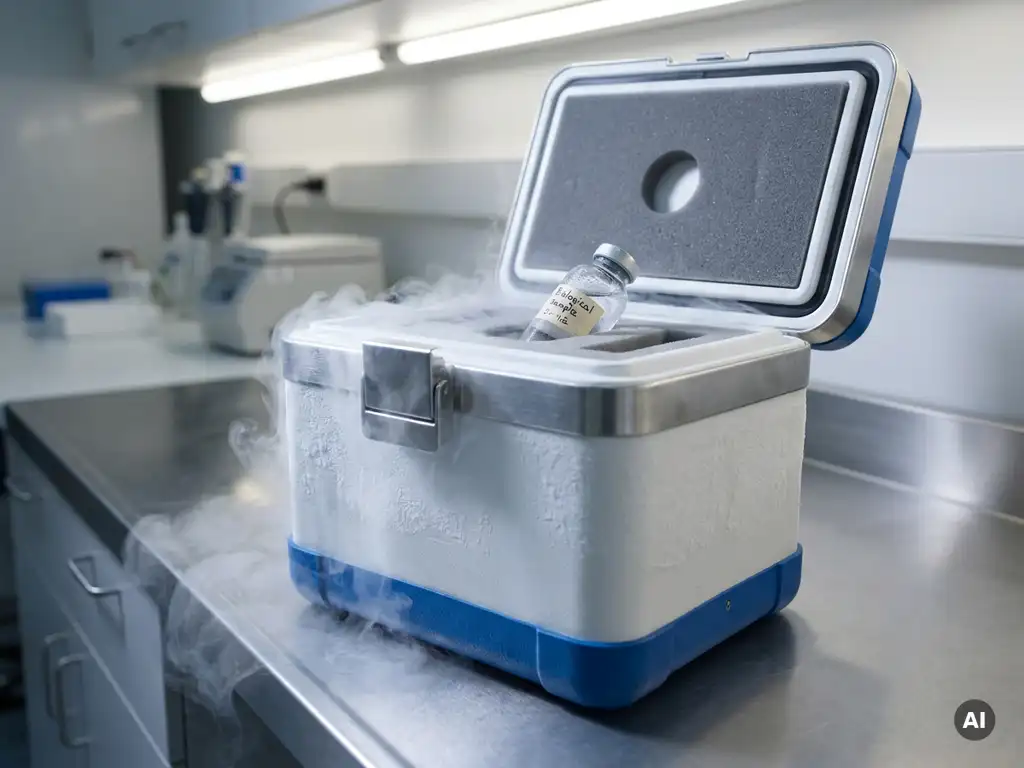 Versiegelter Kryotransportbehälter mit Trockeneis-Nebel und einzelner Biologik-Probe in Schaumstoffeinsatz, Laborlicht.
