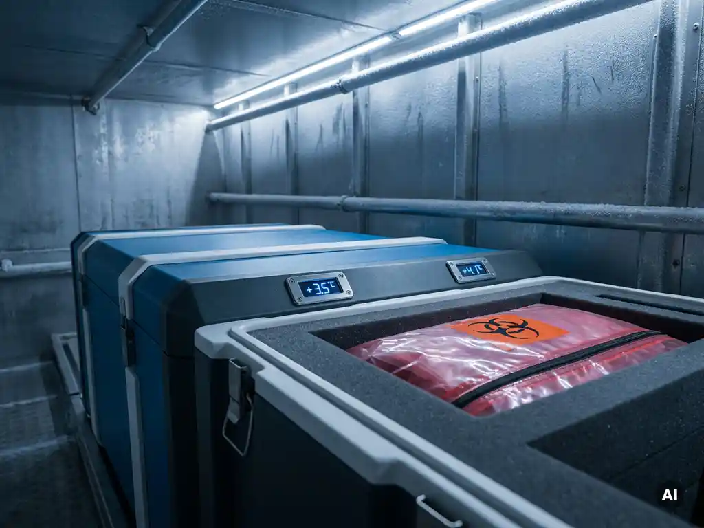 Medizinischer Kälteketten-Behälter mit Temperaturanzeige im Kühlfrachtraum, rote Biogefährdungs-Probentasche in Schaumstoffpolsterung.