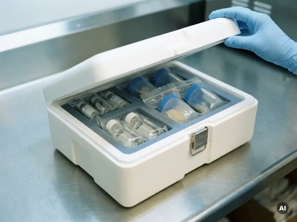 Geöffneter medizinischer Transportbehälter mit Kühlsystem, gefüllt mit sterilen Fläschchen und Probencontainern in Schutzschaum, gesichert von einer behandschuhten Hand.