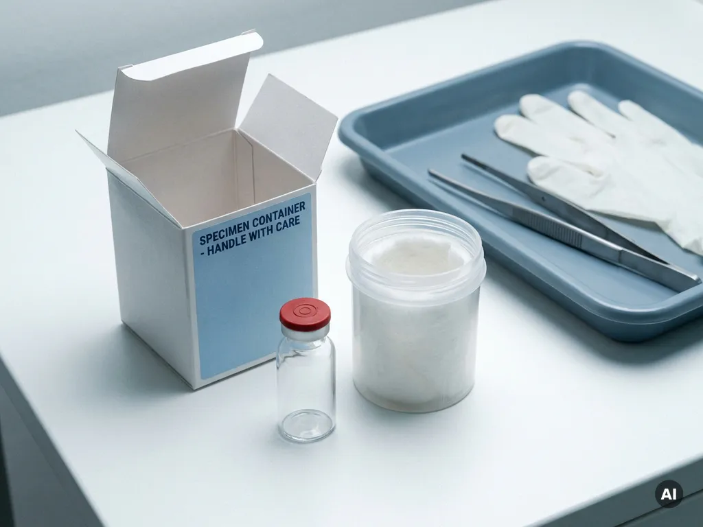 Dreifach verpackter medizinischer Probenbehälter mit Primärgefäß, Saugpolster, Sekundärbox und Außenkarton, auseinandergelegt auf weißer Fläche.