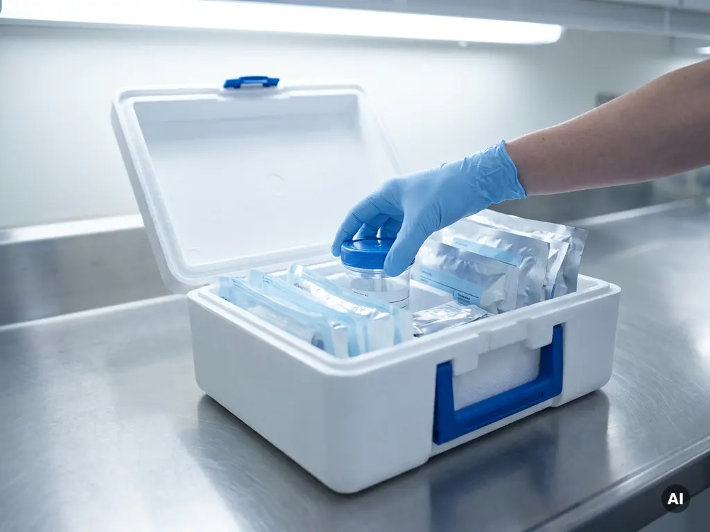 Geöffnete weiße Medizin-Transportbox auf Edelstahlfläche mit sterilen Geräten und Probencontainern, Handschuh prüft Inhalt.