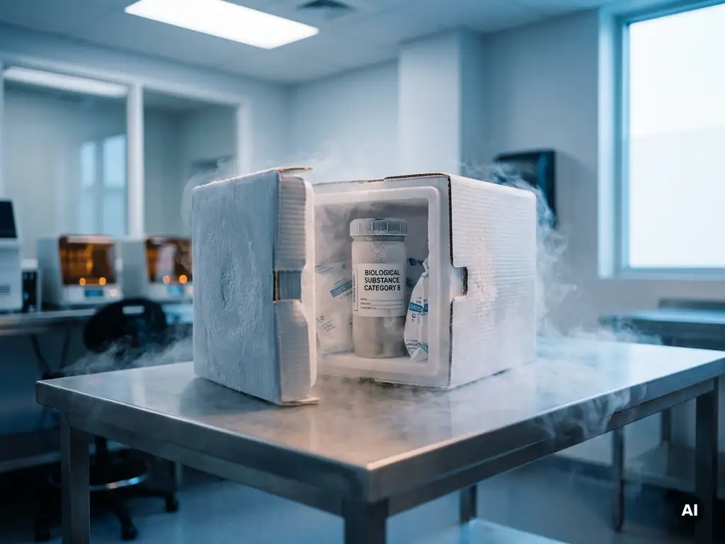 Medizinischer Probenbehälter in isolierter Transportbox mit Trockeneis, auf Edelstahloberfläche in klinischer Logistikeinrichtung.