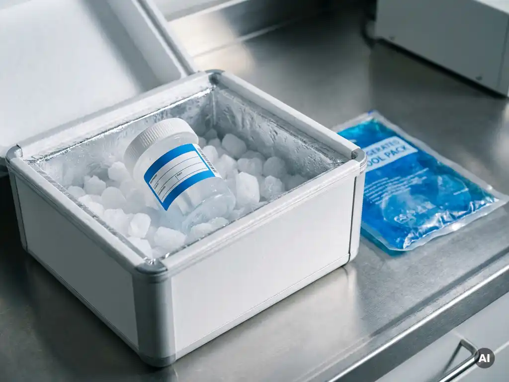 Versiegelter medizinischer Probenbehälter in geöffneter Isoliertransportbox mit Trockeneis und Kühlakku auf Edelstahloberfläche.