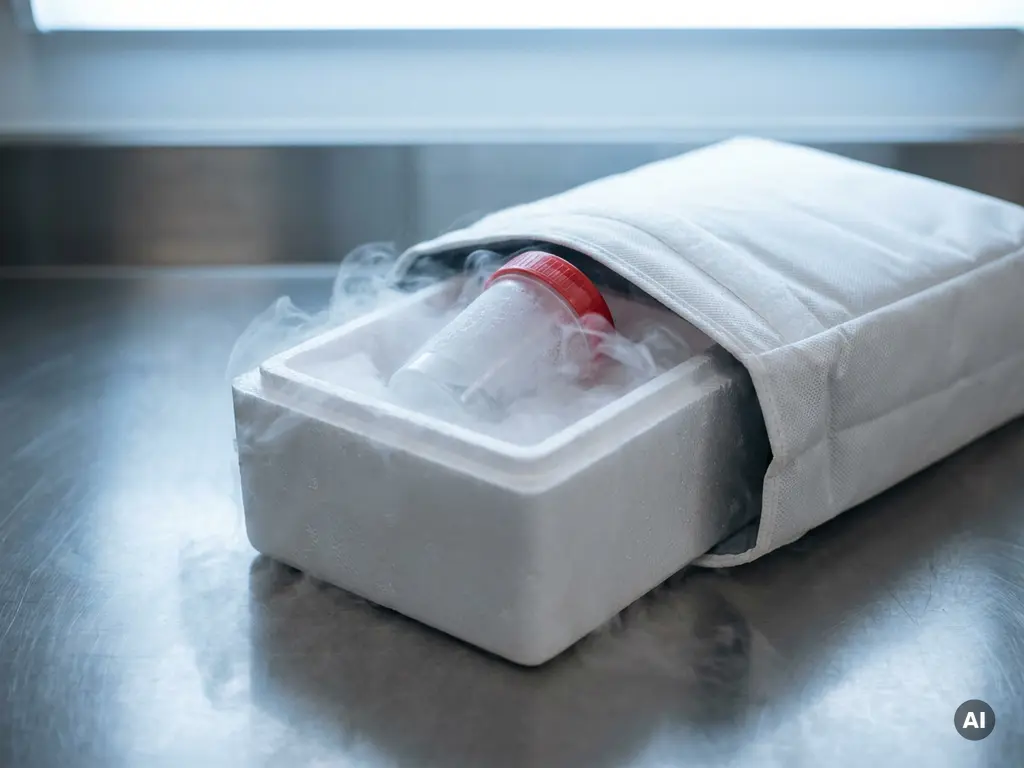 Versiegelter medizinischer Probenbehälter in isolierter Kühltransportbox mit Trockeneis, in weißer Kuriertasche auf Metalloberfläche.