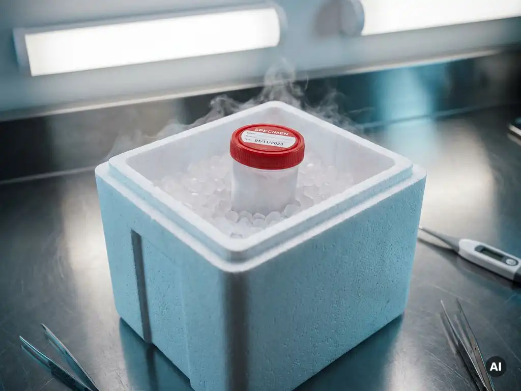 Medizinischer Probenbehälter in Trockeneis verpackt, weißer Dampf steigt auf, in geöffneter Isolierversandbox auf Edelstahlfläche.