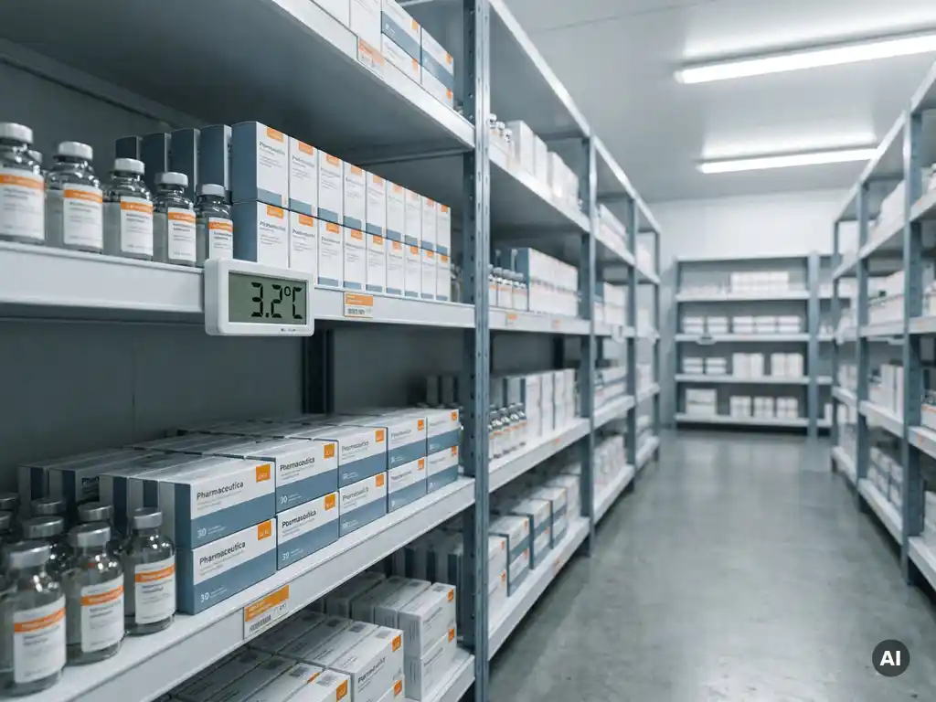 Gekühltes Pharmalager mit sortierten Medikamentenschachteln, Arzneimittelampullen und digitalem Thermometer auf Stahlregalen.