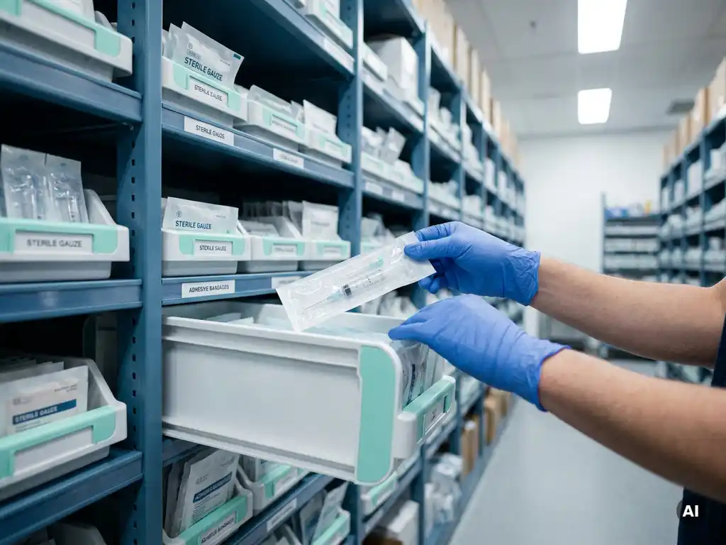 Behandschuhte Hände eines Technikers entnehmen sterile Medizinprodukte aus beschrifteten Lagerbehältern in einem klinischen Reinraumlager.