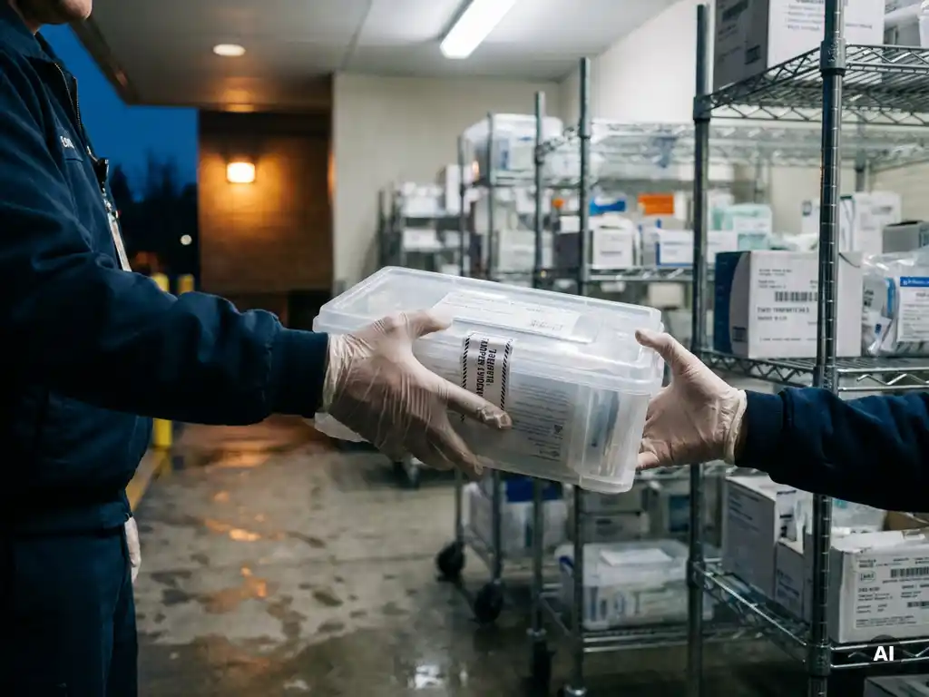 Handübergabe einer versiegelten Sterilverpackung durch einen Logistikmitarbeiter mit Handschuhen am Krankenhaus-Ladebereich.
