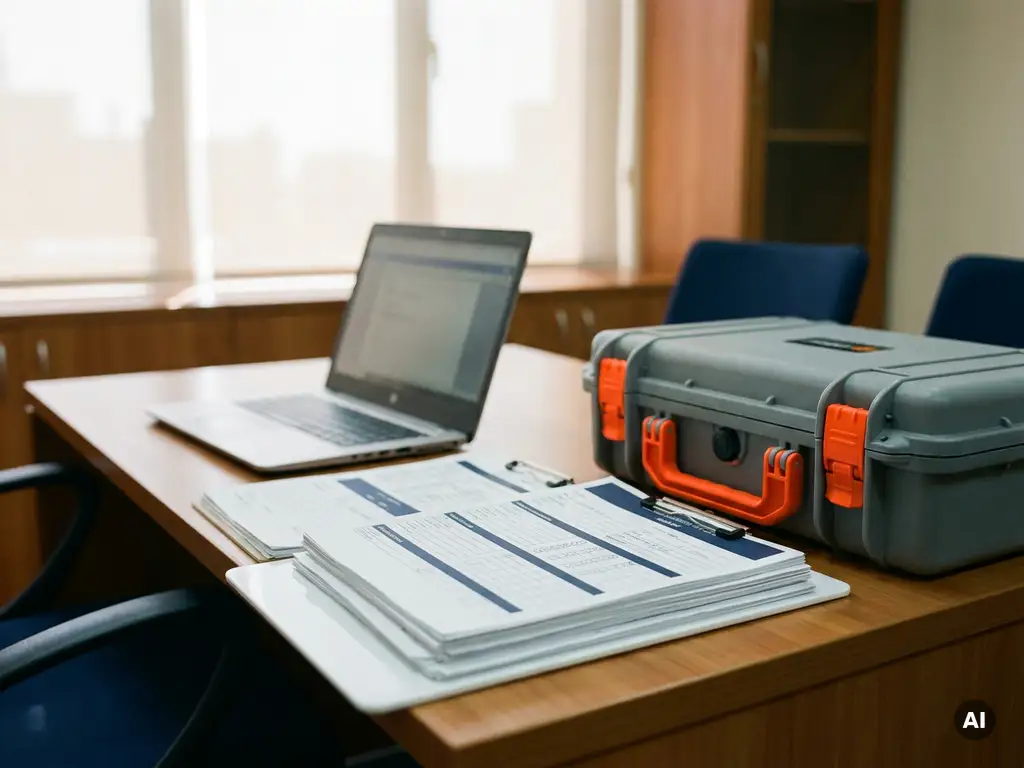 Klemmbrett mit Compliance-Dokumenten neben orangefarbenem Gefahrguttransportkoffer auf einem Logistikschreibtisch.