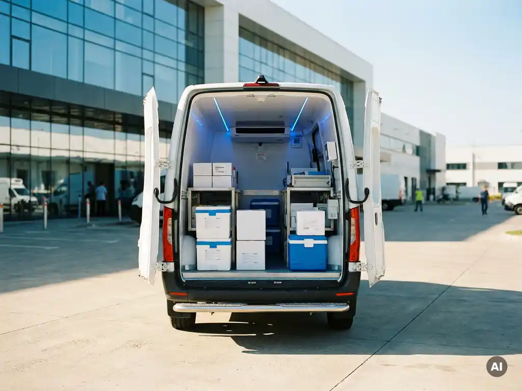 Gekühlter Medizintransporter mit geöffneten Hecktüren und organisierter medizinischer Fracht im temperierten Laderaum, geparkt auf modernem Logistikgelände.