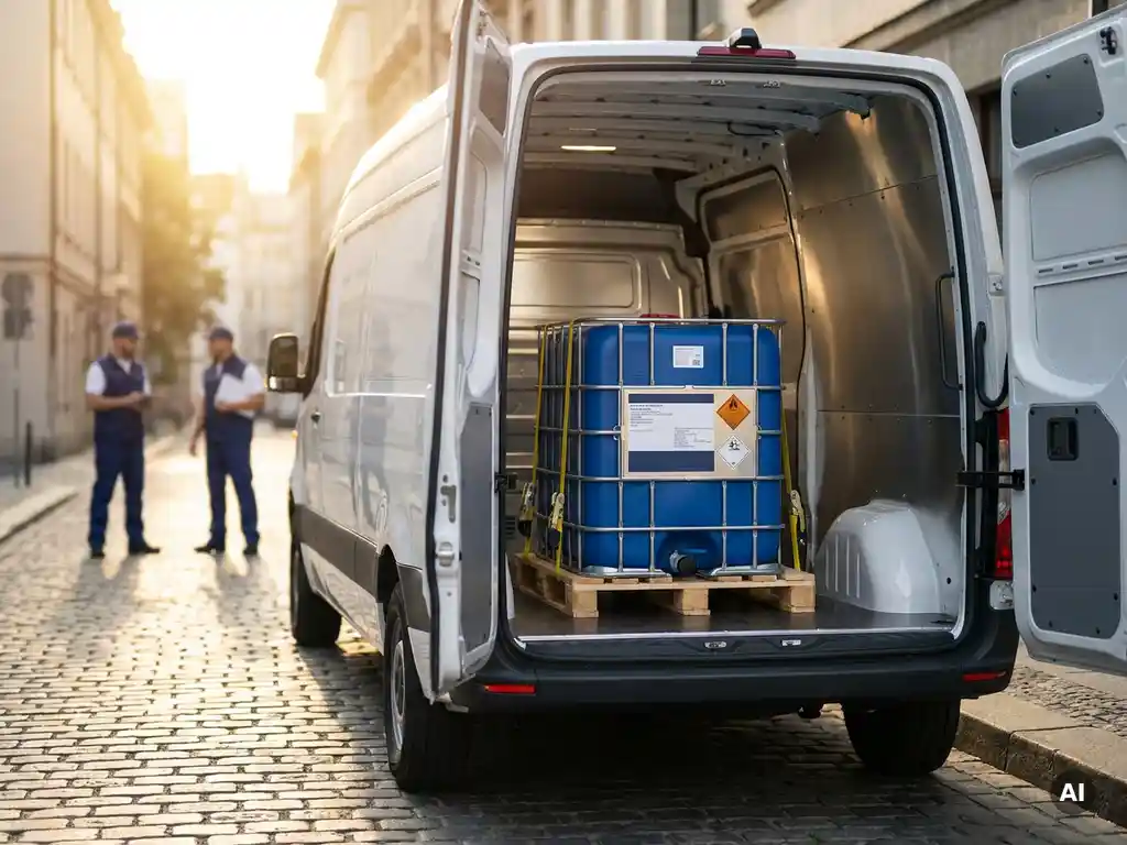 Moderner weißer Lieferwagen mit versiegeltem Industrieflüssigkeitsbehälter im Laderaum, goldenes Tageslicht durch geöffnete Hecktüren.